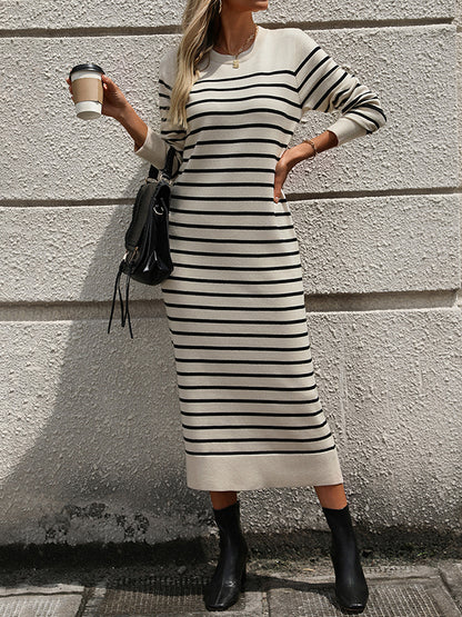 Long Sleeves Loose Split-joint Striped Round-neck Midi Dresses Sweater Dresses