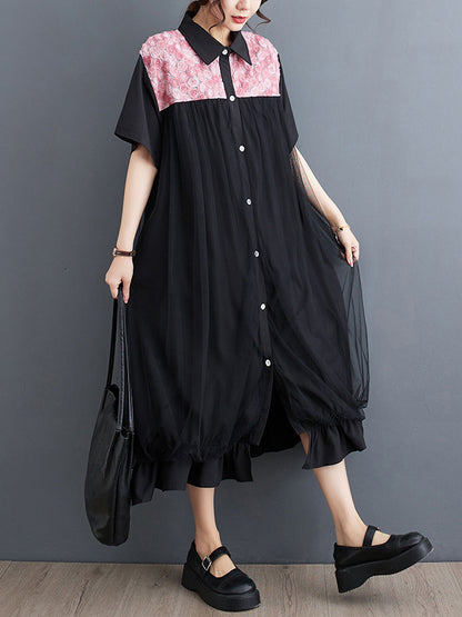 Loose Short Sleeves Falbala Printed Split-joint Lapel Midi Dresses