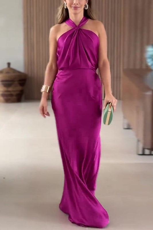 Satin Halter Sleeveless Maxi Dress