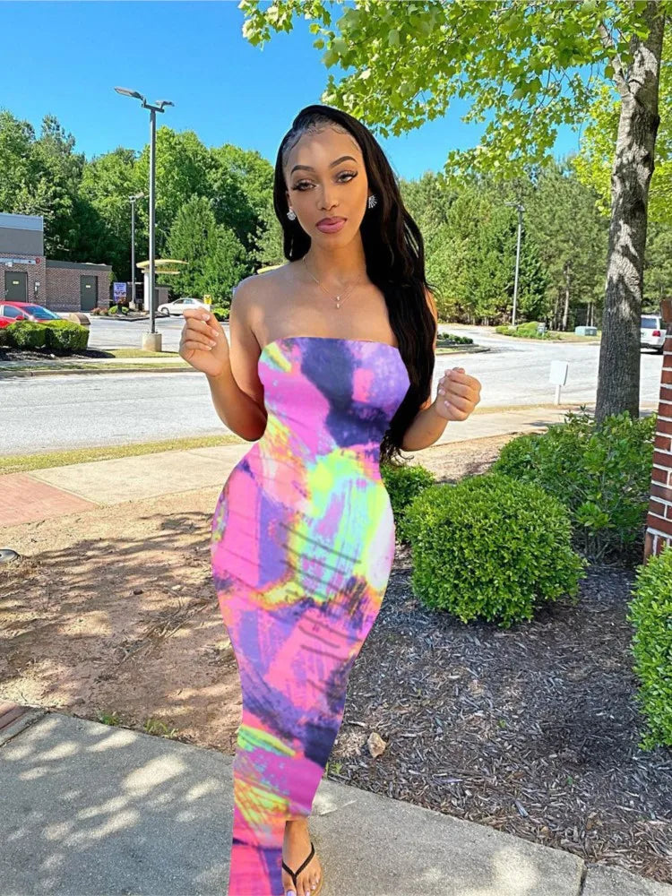 Spring and Summer Dresses for Chest Wrap Printed Off Shoulder Bandage Slim Long Dress New Party Mschuh