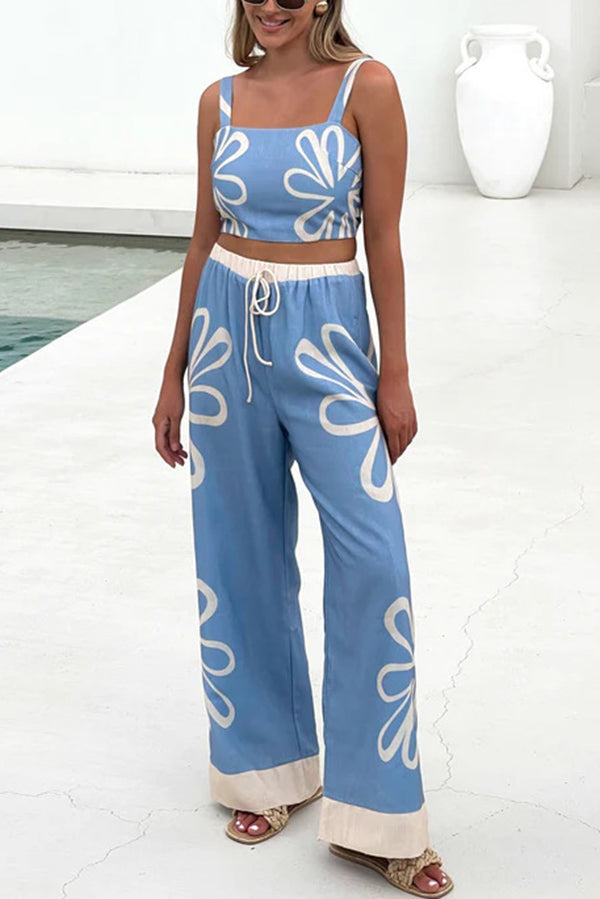 Print Suspender Back Pleated Top and Elastic Waist Drawstring Pants Set