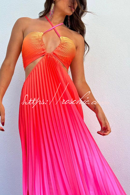 Get Ready Gradient Print Cutout Halterneck Pleated Maxi Dress