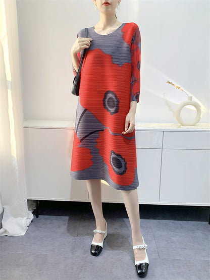 Original Three-quarter Sleeves Loose Printed Contrast Color Pleated Round-neck Midi Dresses