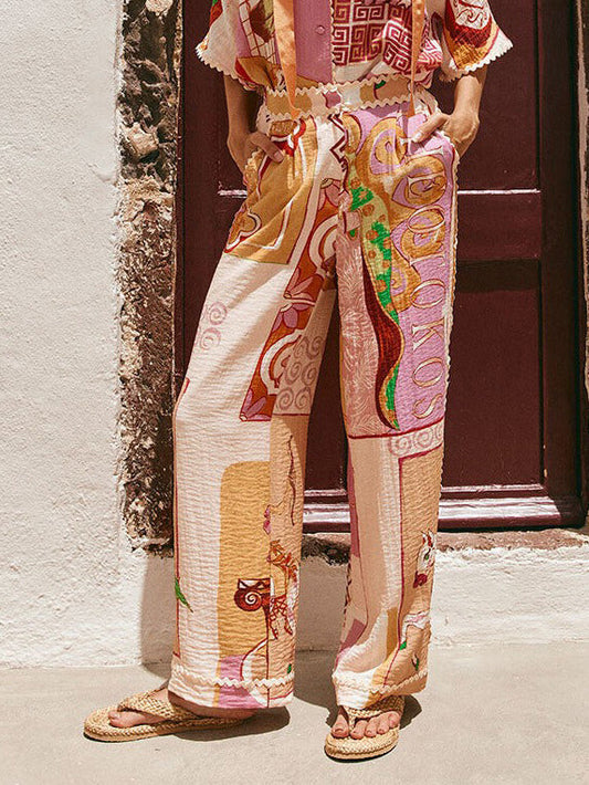 Retro Print Lace Trim Pocket Wide Leg Pants