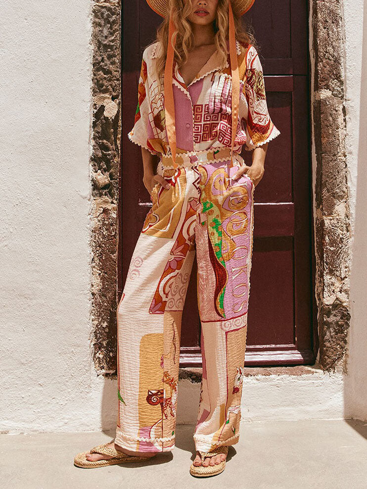 Retro Print Lace Trim Pocket Wide Leg Pants