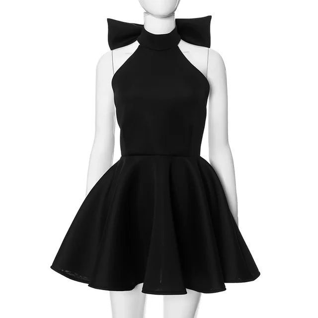 Big Backless Bow Dress for Slim Pleated Sleeveless Splice Halter Neck Evening Party Mini Dress Female