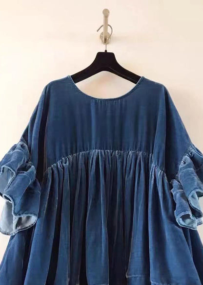 Blue Wrinkled Patchwork Velour Butterfly Sleeve Blouse