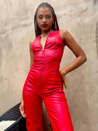 Pu Leather Backless Jumpsuit Wide Leg Jumpsuit Overalls for Skinny Hot Faux Jumpsuit