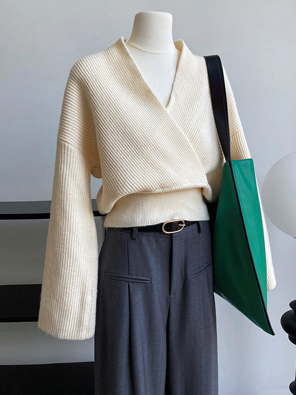 French Grey Cross V-neck Long Sleeve Sweater Qx012