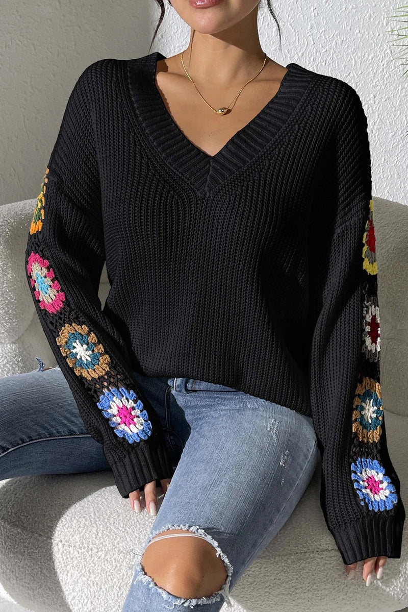 Black Crochet Flower Splicing V-neck Pullover Sweater