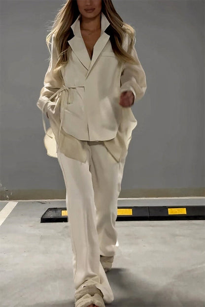 And Chiffon Patchwork Irregular Lace-up Jacket and Pocketed Straight-leg Pants Set