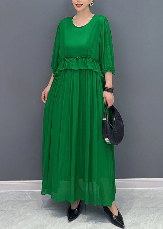 Handmade Green O-neck Ruffled Wrinkled Vacation Chiffon Maxi Dresses Lantern Sleeve Ao1027