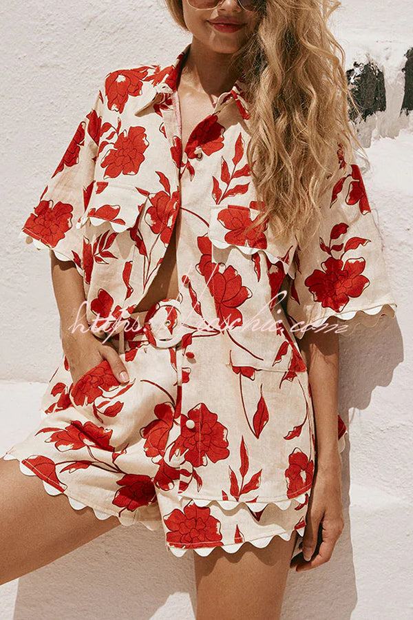 Ellora Linen Blend Wave Trim Short Sleeve Shirt and Belt Pocketed Loose Shorts Set