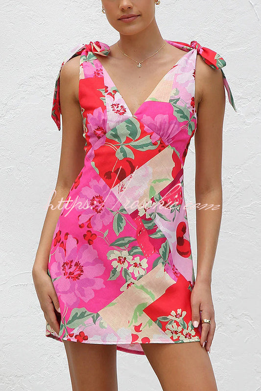 Unique Print Sleeveless V-neck Lace-up Mini Dress