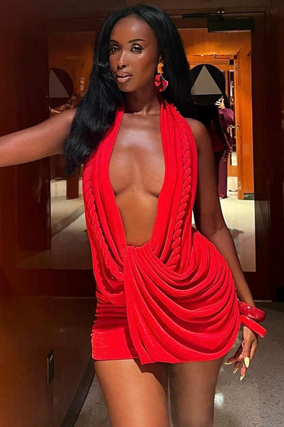 Ruched Halter Deep V Backless Bodycon Mini Dresses