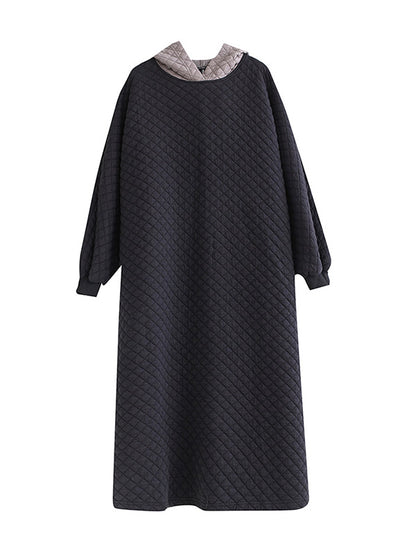 A-line Long Sleeves Hooded Quilted Split-side Midi Dresses