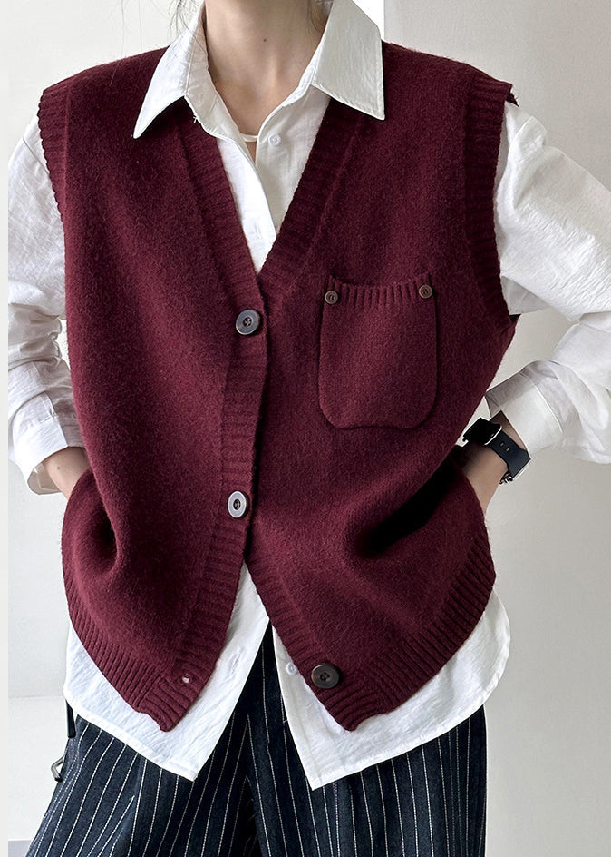 Wine Red Pockets Cozy Knit Waistcoat V Neck Fall Af1022