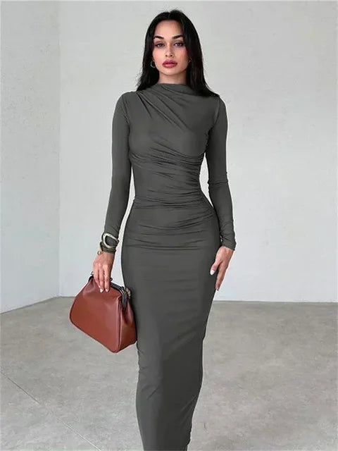 Pleated Autumn Dress Patchwork Long Sleeve Maxi Dress