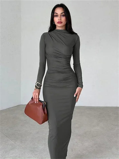 Pleated Autumn Dress Patchwork Long Sleeve Maxi Dress