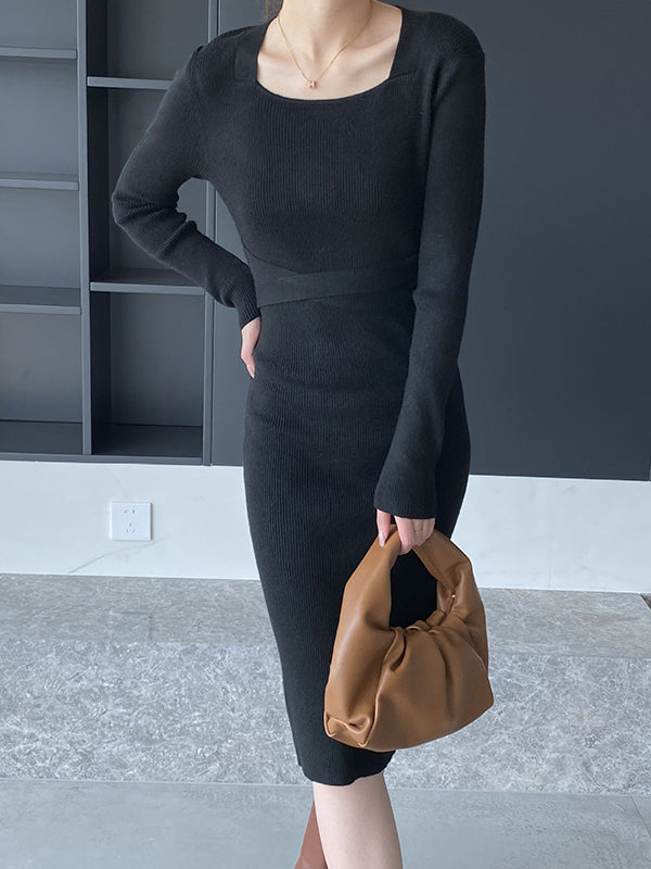 Simple Skinny Long Sleeves Color Square-neck Sweater Dresses