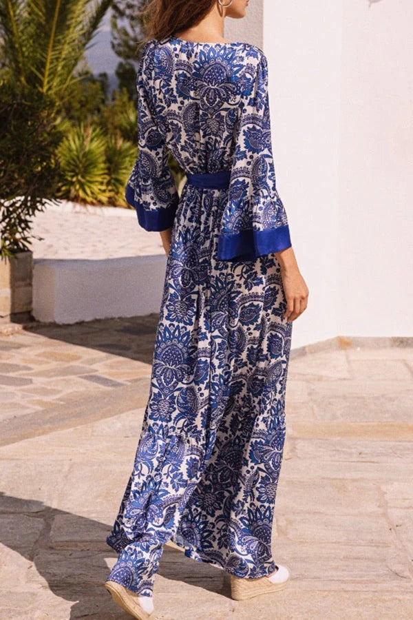 Greek Island Satin Unique Print Tassel Belted Wrap Maxi Dress
