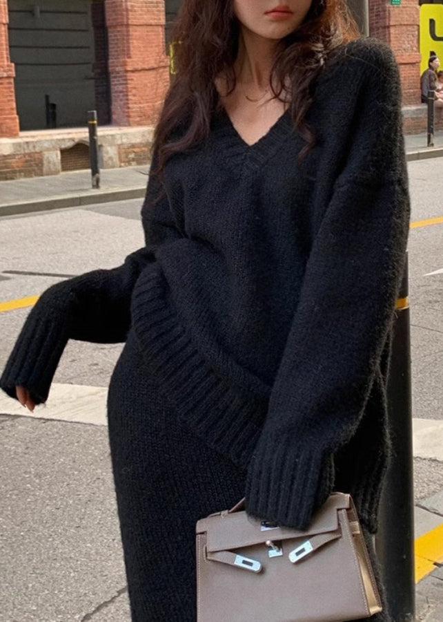 Brown Cozy Cotton Knit Sweaters and Maxi Skirts Two Pieces Set Winter Wv029