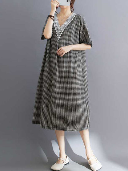 A-line Half Sleeves Plaid Pleated Split-joint V-neck Midi Dresses