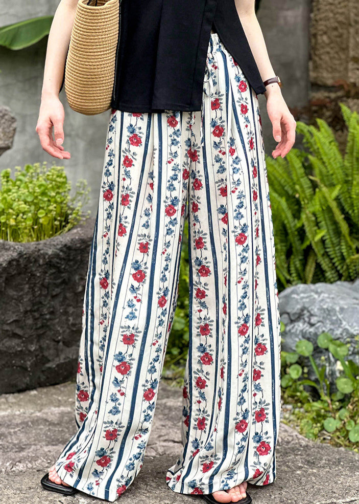Loose Print Pockets Elastic Waist Wide Leg Pants Summer Af1052