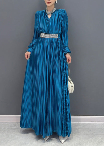 Blue V Neck Wrinkled Maxi Dress Long Sleeve Ao1037