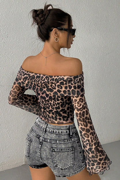 Leopard Print Semi-sheer Off-shoulder Long-sleeve Blouse