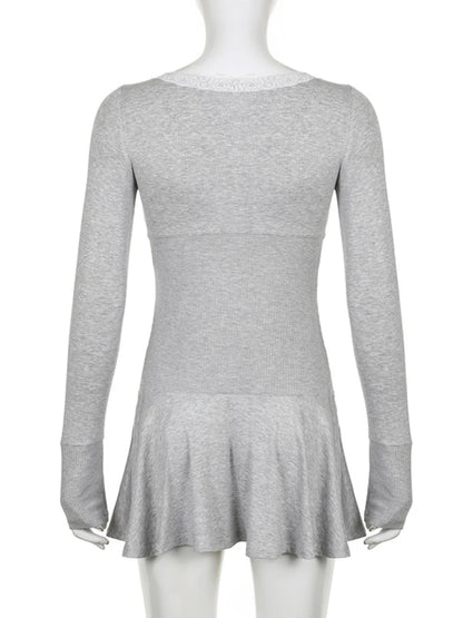 Knitted Mini Dress for Rib High Waist Splice Lace Dresses Femme Slim Folds Dress Woman Autumn