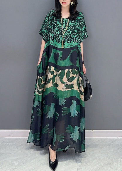 Black Texture O Neck Pockets Print Patchwork Silk Long Dresses Summer Tt1032