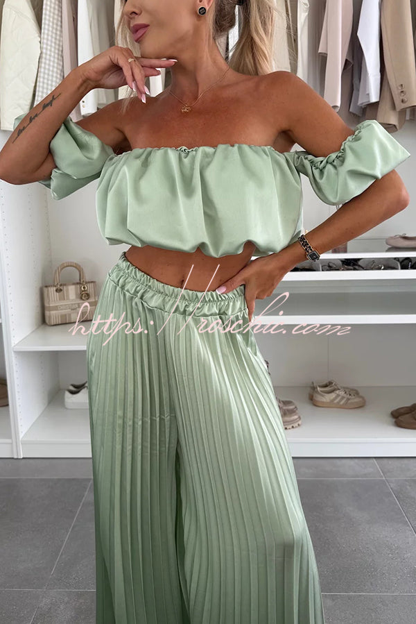 Jorie Satin Off Shoulder Puff Sleeve Crop Top and Elastic Waist Pleated Wide Leg Pants Set
