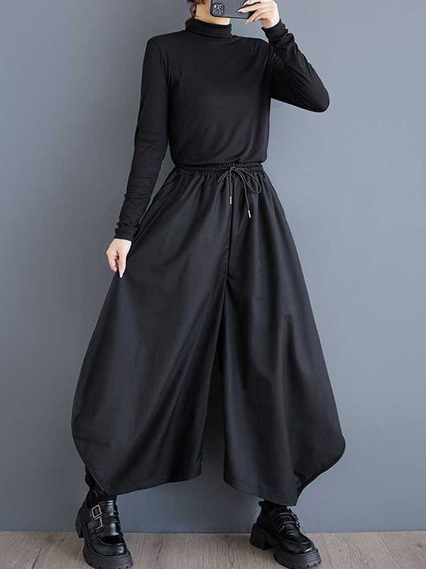 Black Drawstring Elasticity High Waisted Pockets Culotte Pants Tw025