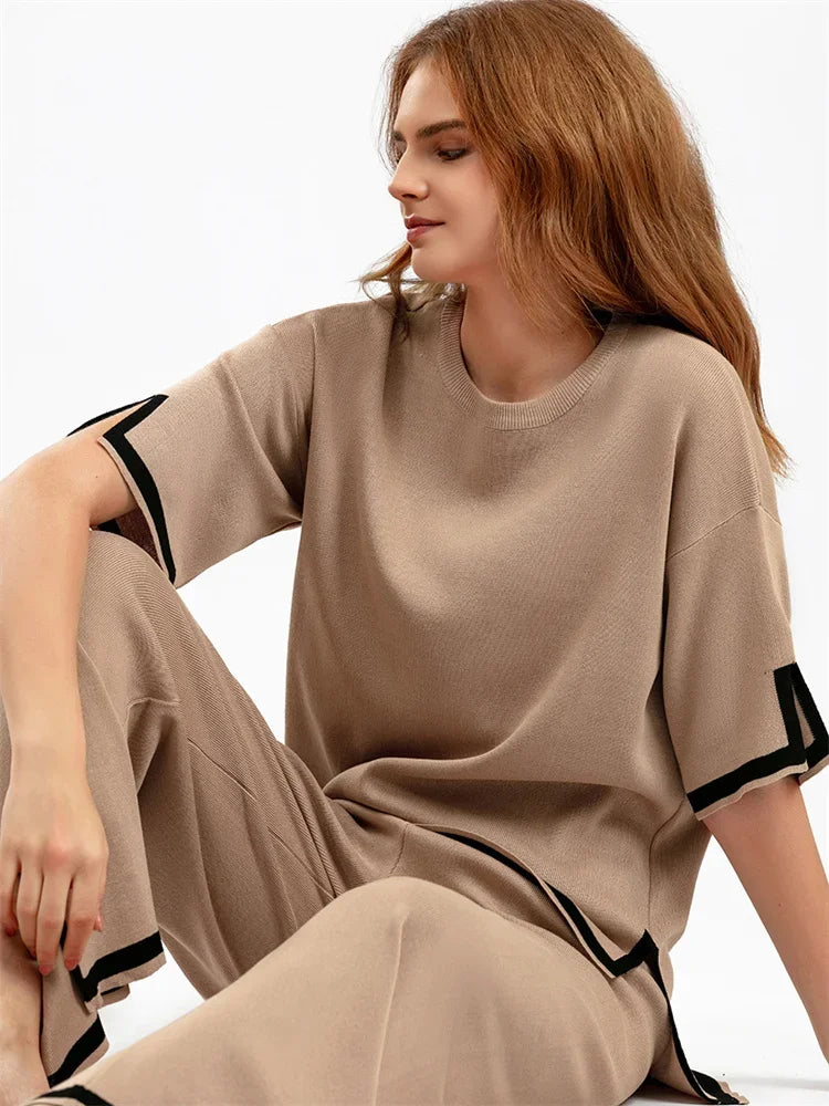 Contrast Knit Trousers 2 Piece-set Female Slim Patchwork Loose Pullover and Wide Leg ’s Pants Sets