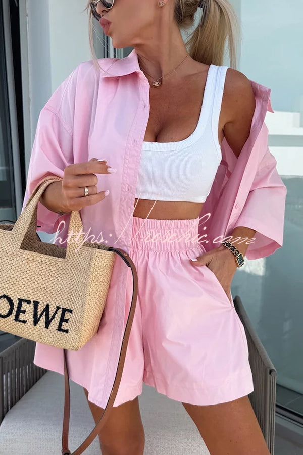 Summer Loose Short-sleeved Shirt and Elastic High Waist Shorts Set