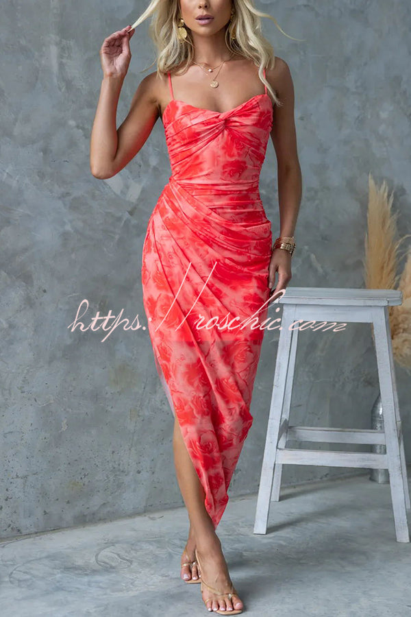 Saloni Mesh Print Twist Ruched Detail Irregular Hem Stretch Maxi Dress