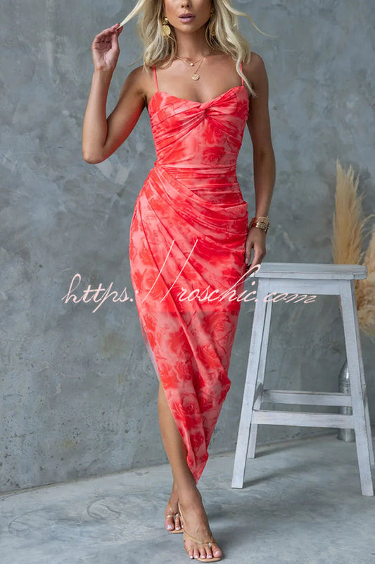 Saloni Mesh Print Twist Ruched Detail Irregular Hem Stretch Maxi Dress