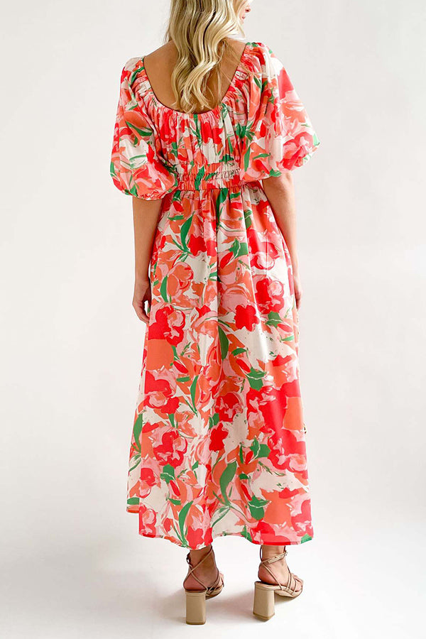 Square Neck Printed Puff Sleeve Long Dress