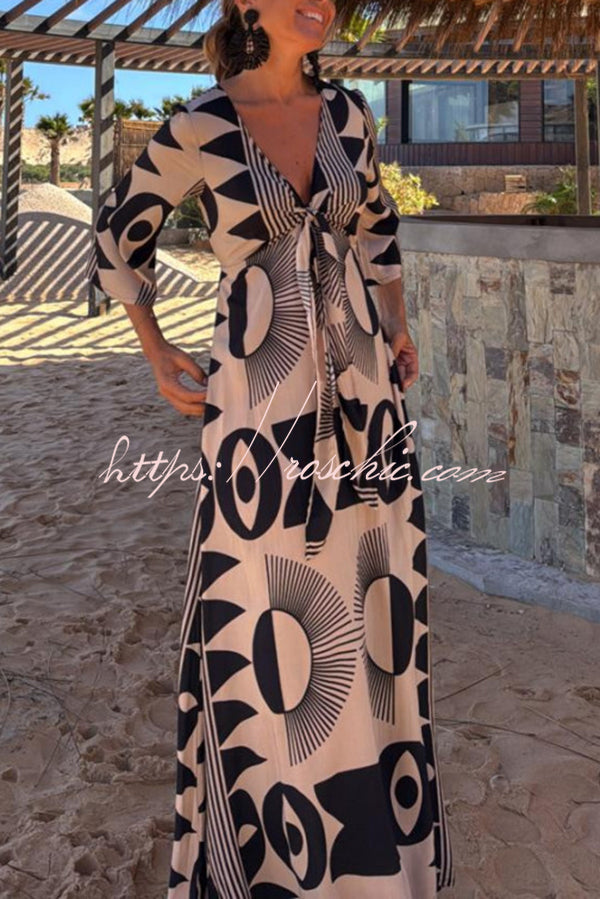 Unique Print V-neck Tie Loose Pocket Maxi Dress