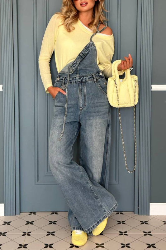 Washed Wide-leg Overall Jeans