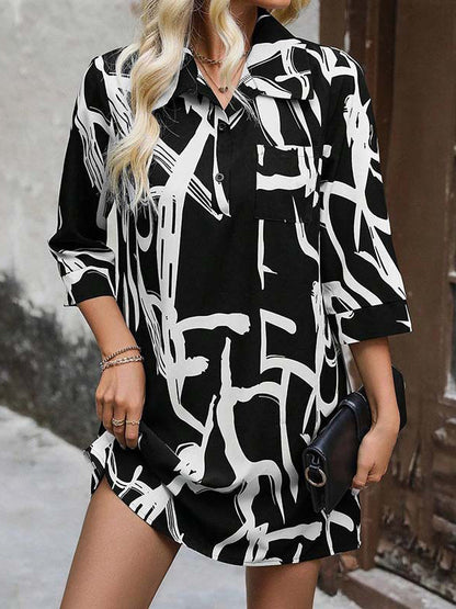 Loose Nine-minute Sleeve Buttoned Printed Lapel Mini Dresses