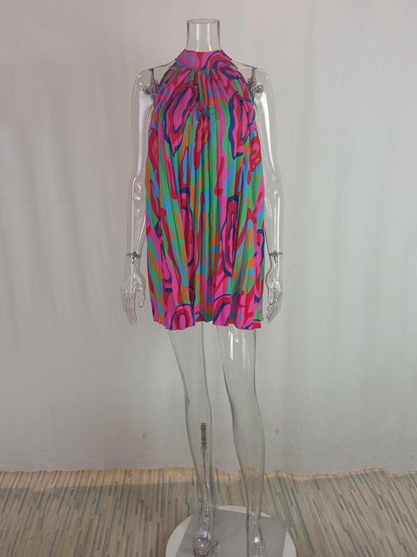 Loose Pleated Printed Halter-neck Mini Dresses Short Dresses