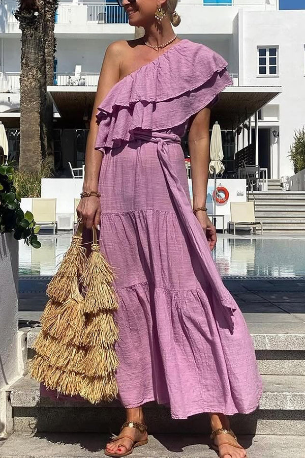 Linen Blend Color Oblique Collar Ruffle Waist Tie Maxi Dress