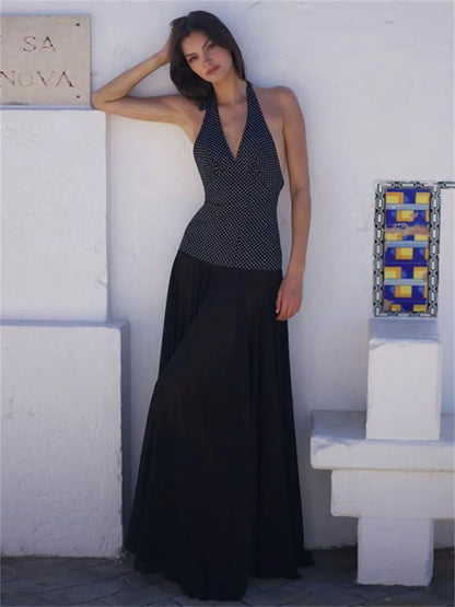 V-neck Summer Maxi Dress for Contrast Patchwork See-through Dress Slim Backless Lace-up Long Dress
