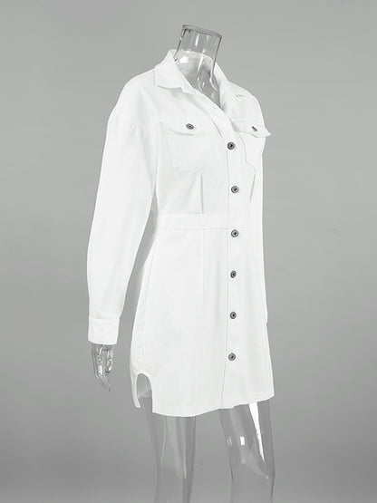 A-line Long Sleeves Buttoned Pockets Color Split-side Lapel Mini Dresses