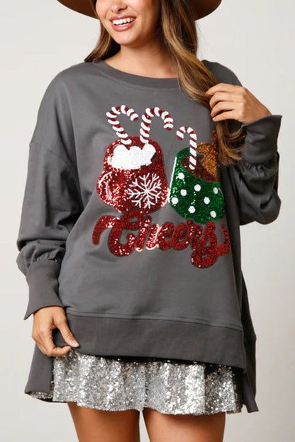 Christmas Candy Cup Sequined Loose Sweatshirt
