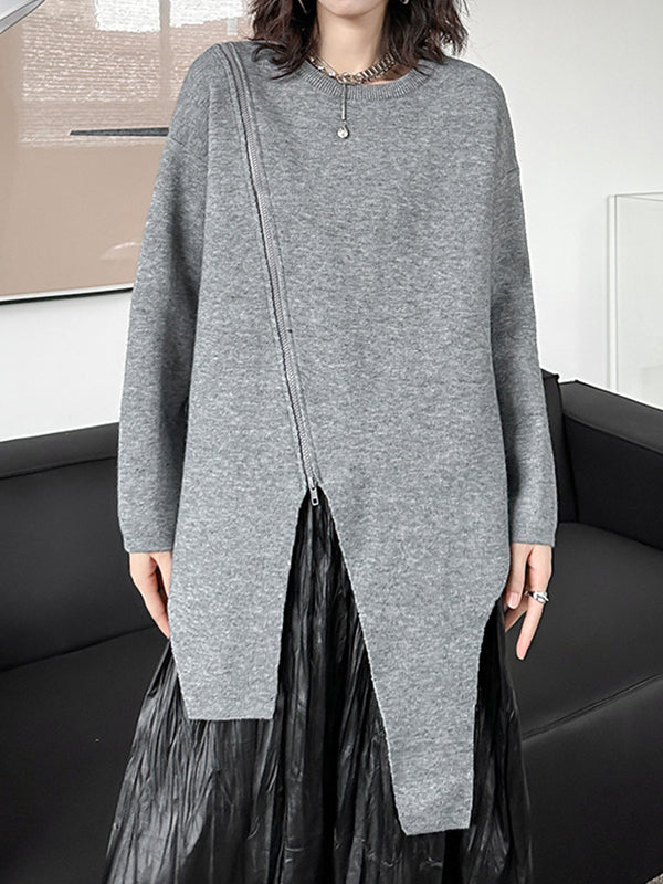 Street Grey Round-neck Zipper Decor Irregular High-low Hem Long Sleeve Sweater An1067