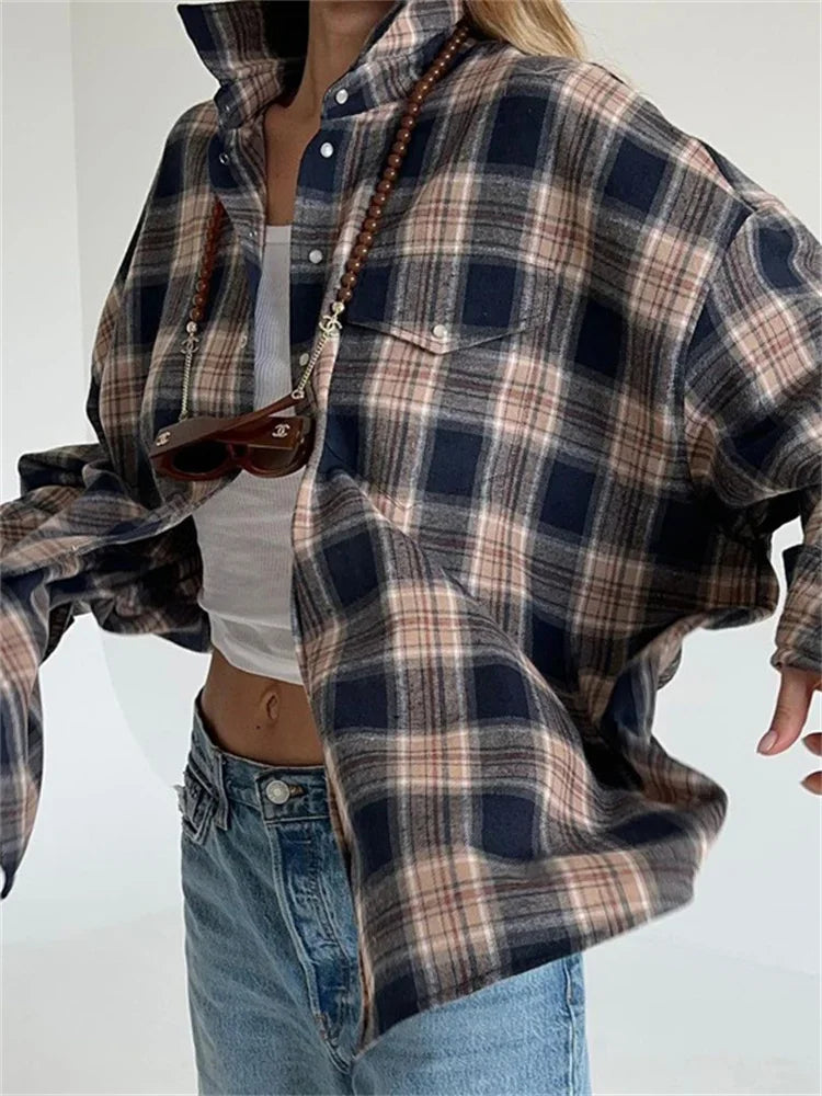 Lapel Autumn Shirts Outwear Contrast Long Sleeve Patchwork Coat Cardigan Female Shirts