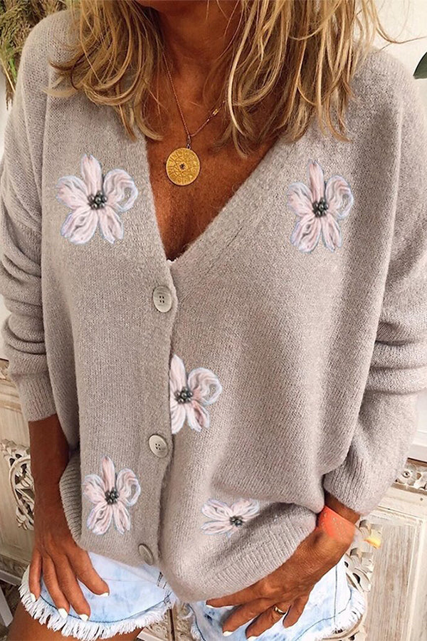 Long Sleeve Cardigan Embroidered V-neck Knit Sweater